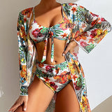 Sexy High Waisted Bikini Three Pieces Floral Printed